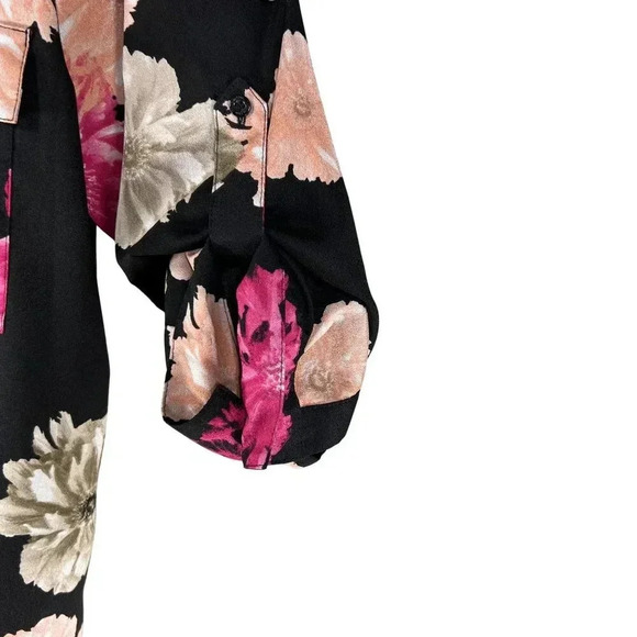 Calvin Klein Women L Black Pink Floral Button-Up Blouse Long Roll Tab Sleeve Top - Picture 5 of 16